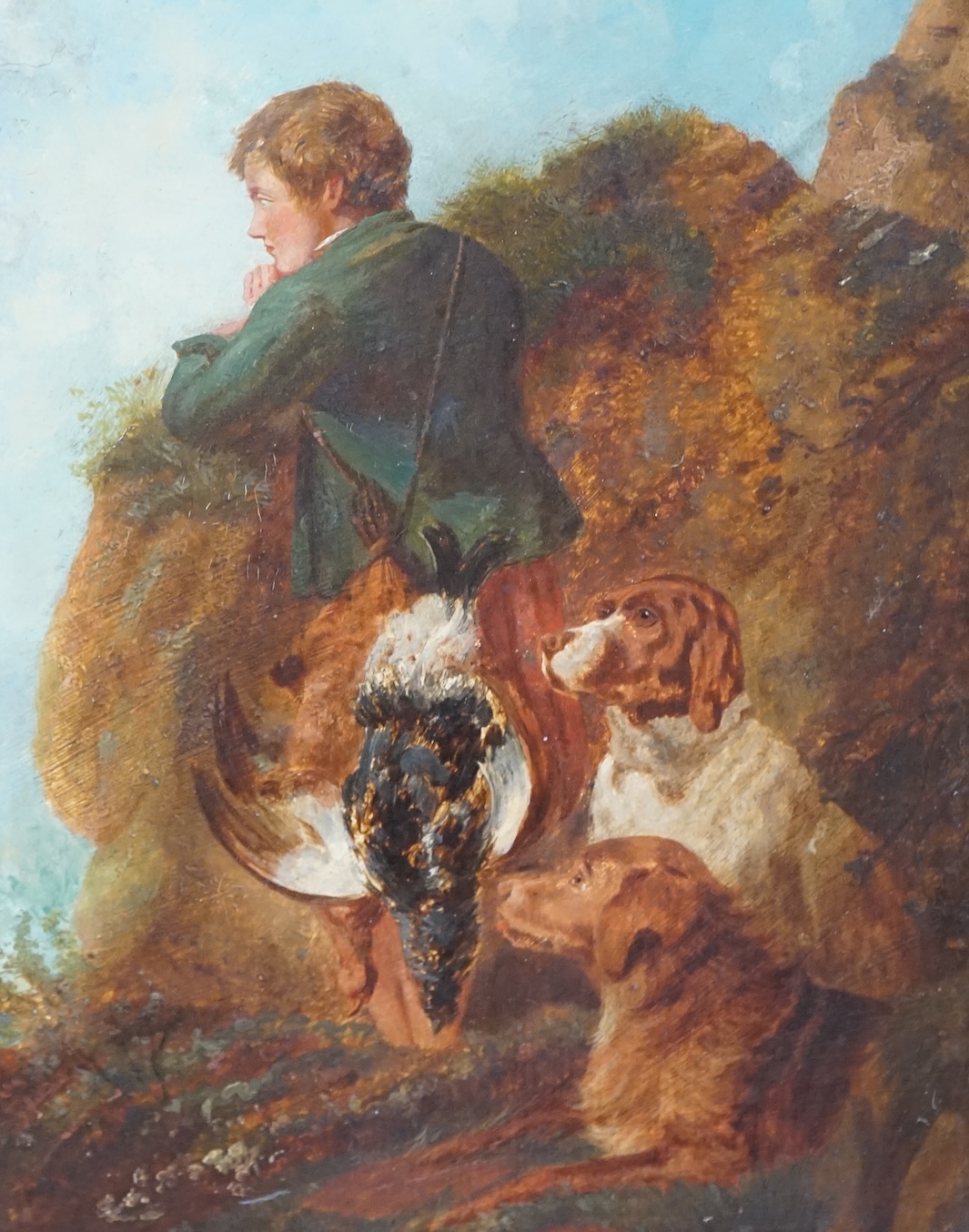 After S. Barham, oil on board, Gundogs and figure in a landscape, unsigned, 34 x 25cm, ornate gilt framed. Condition - poor, restored